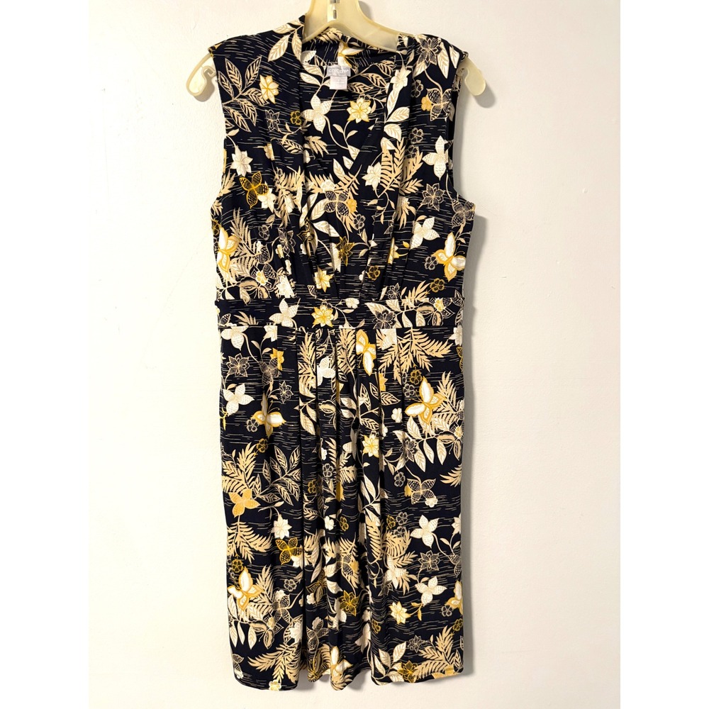 Chico's Navy Yellow Tropical Floral V-Neck Sleeveless Sheath Dress Size 1 M 8/10